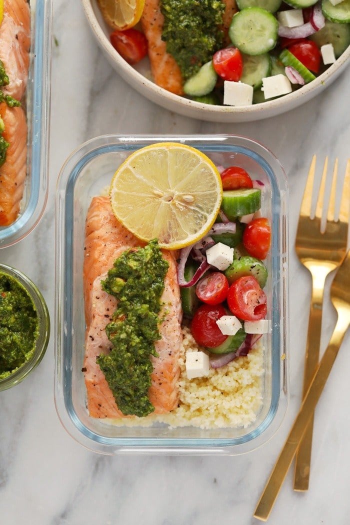 salmon meal prep in glass container