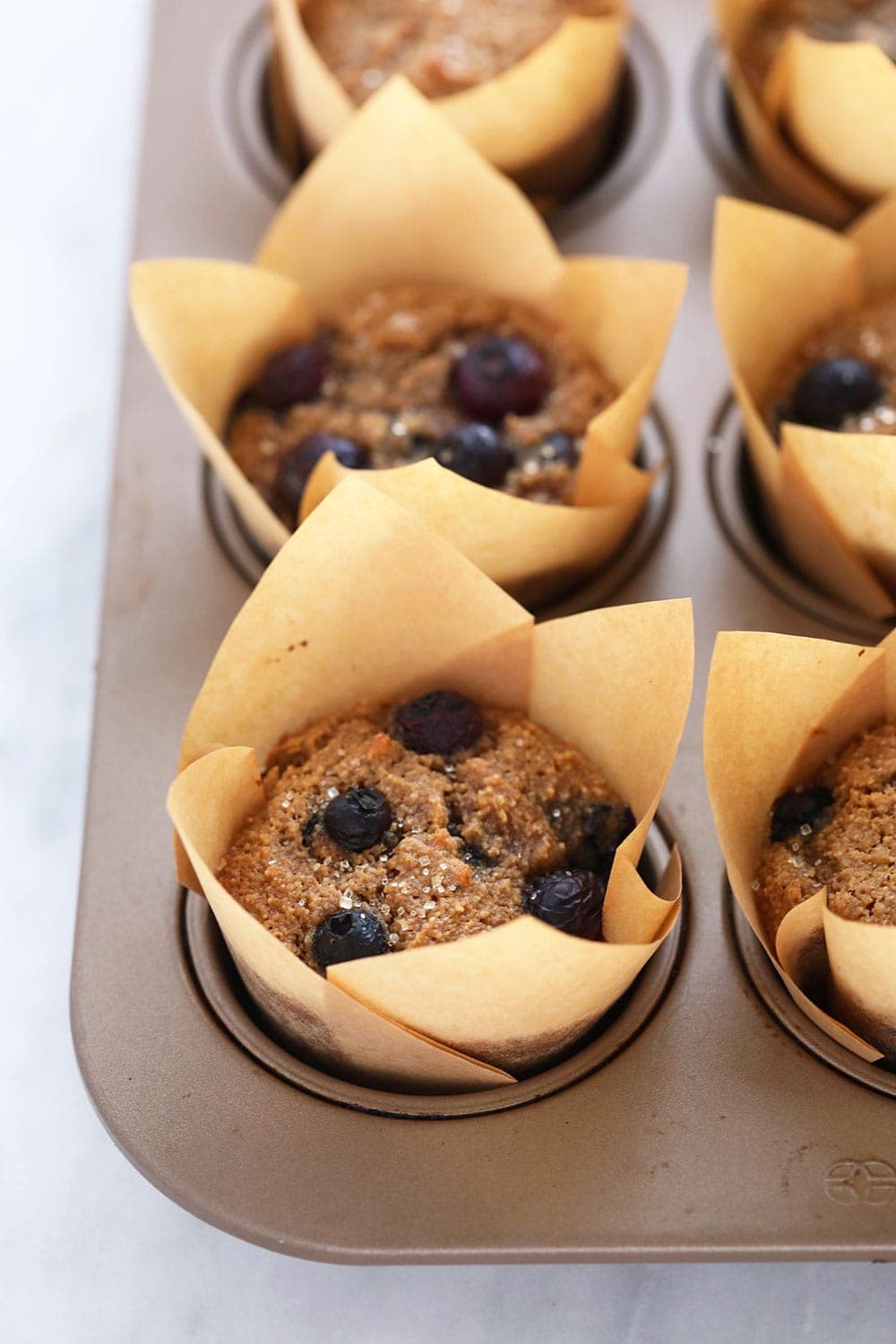 almond flour blueberry muffins in muffin liners after being baked