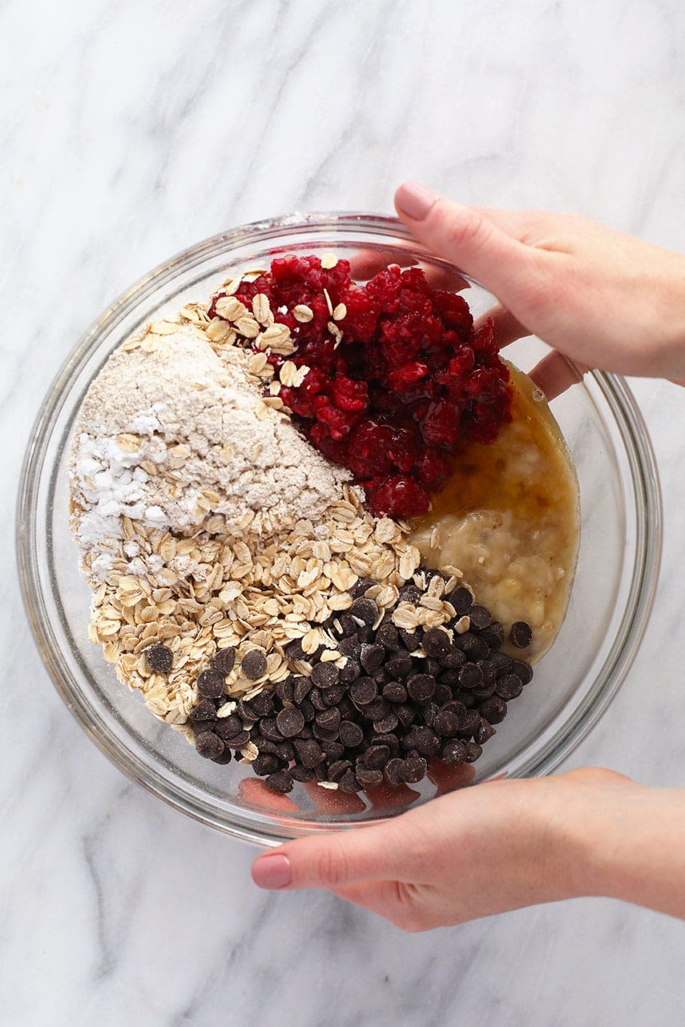 Raspberry baked oatmeal cups ingredients in bowl