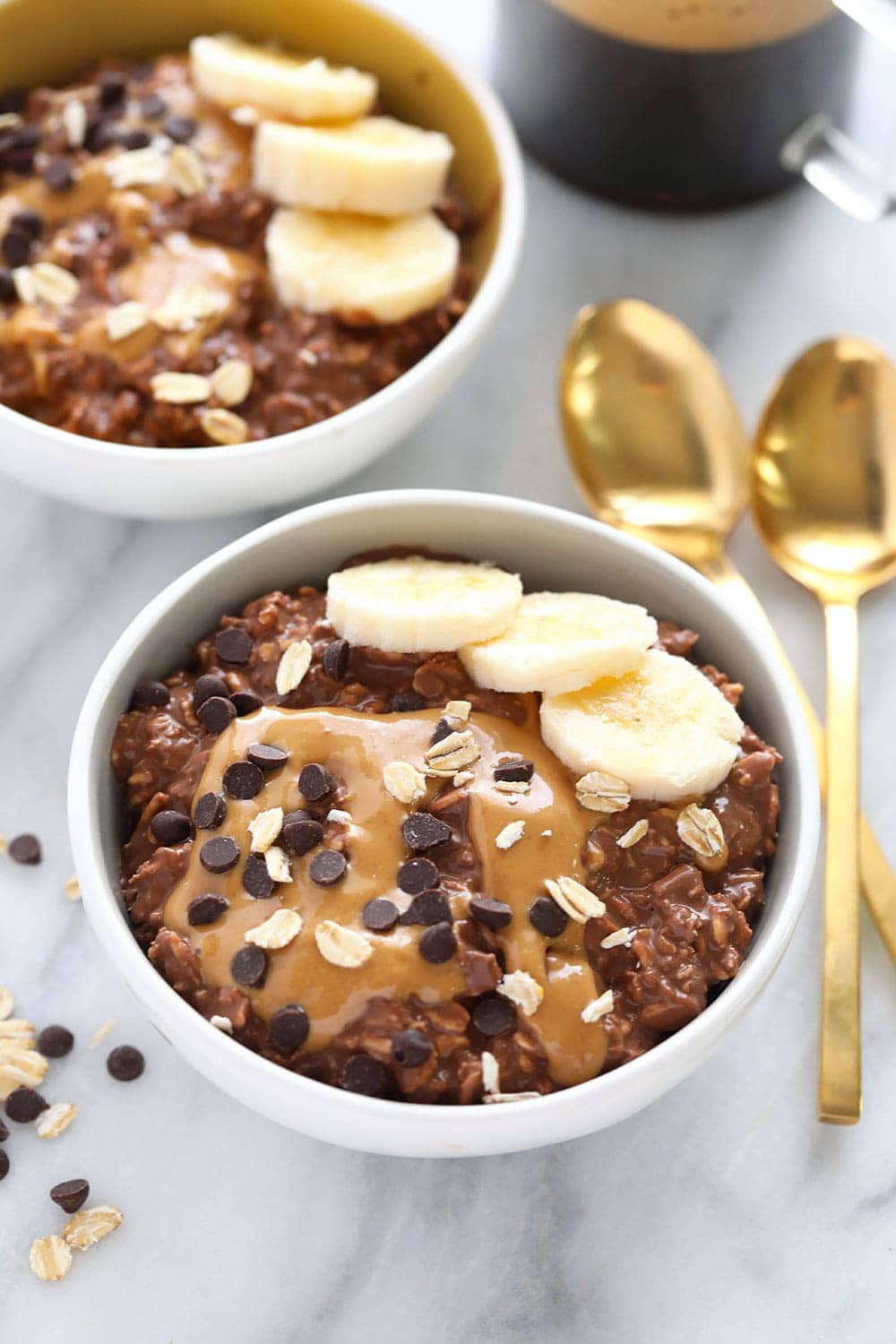 chocolate peanut butter overnight oats in a bowl.