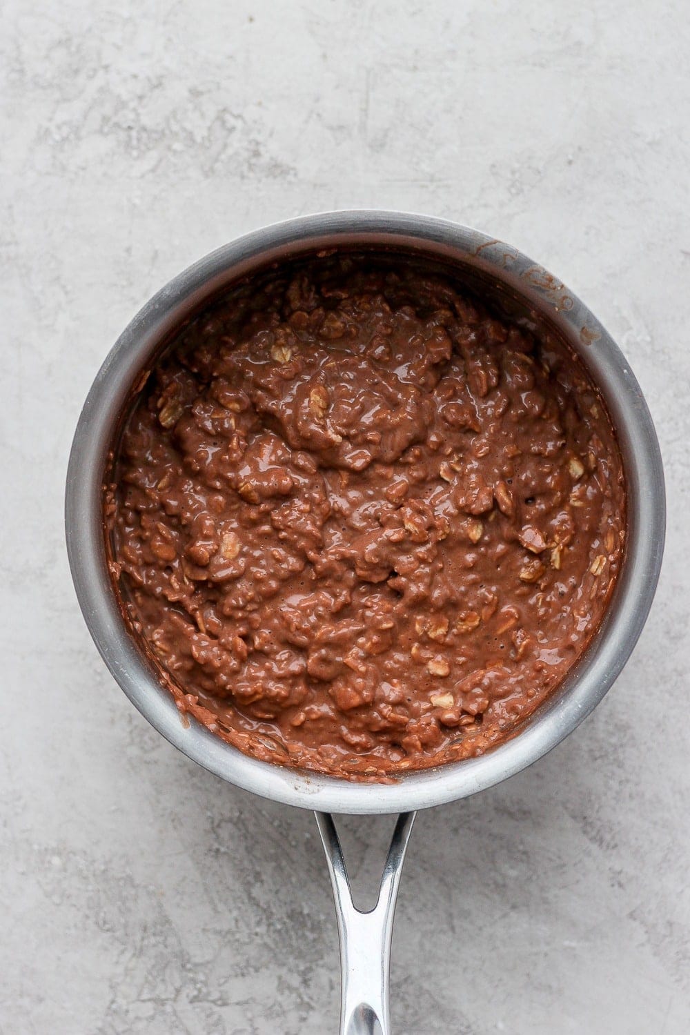 chocolate sea salt protein oatmeal in a pot ready to be served