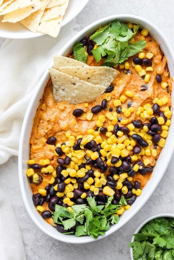 vegan street corn queso dip in a bowl