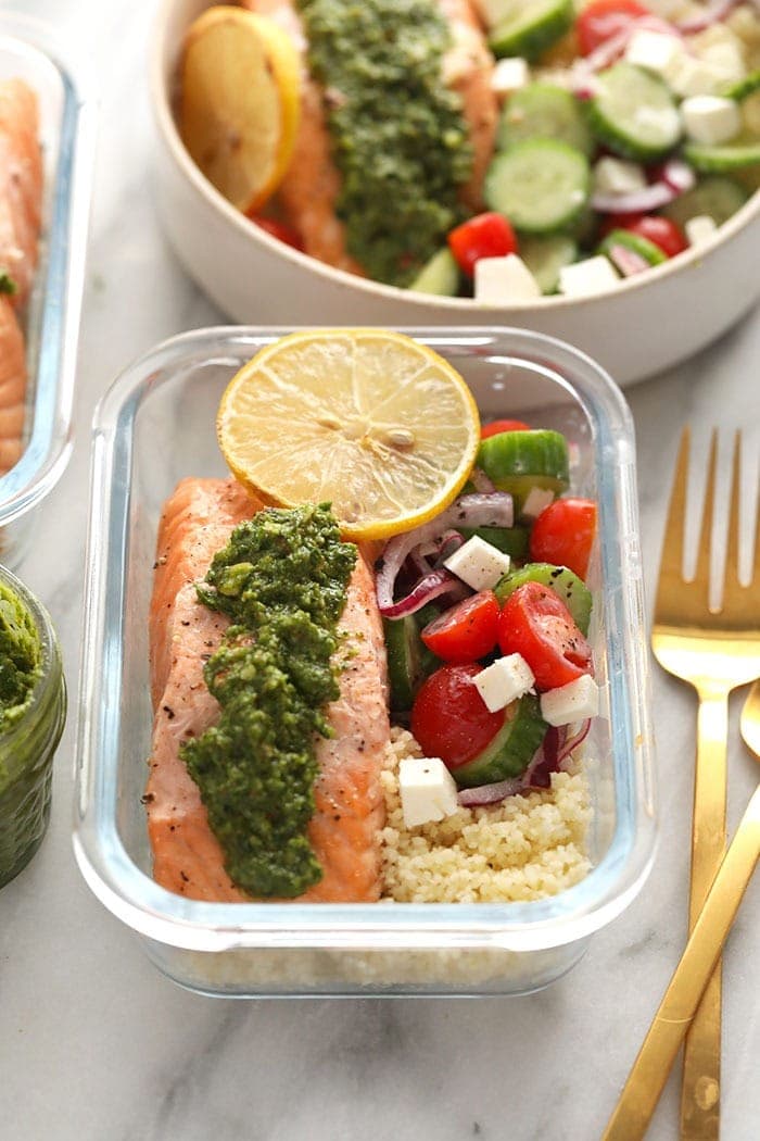 salmon meal prep in glass container