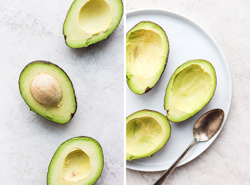 Hallowed out avocados for avocado egg bake.