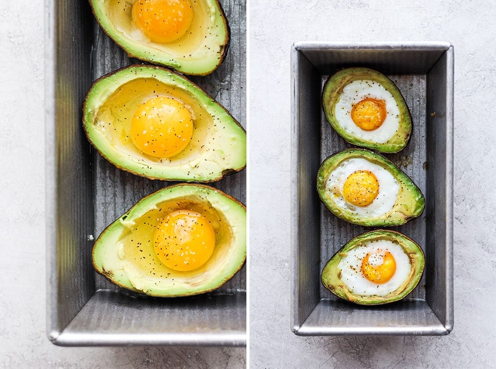 Before and after of avocado egg bake in the oven. 