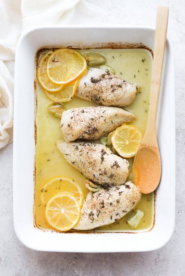 lemon chicken in a casserole dish