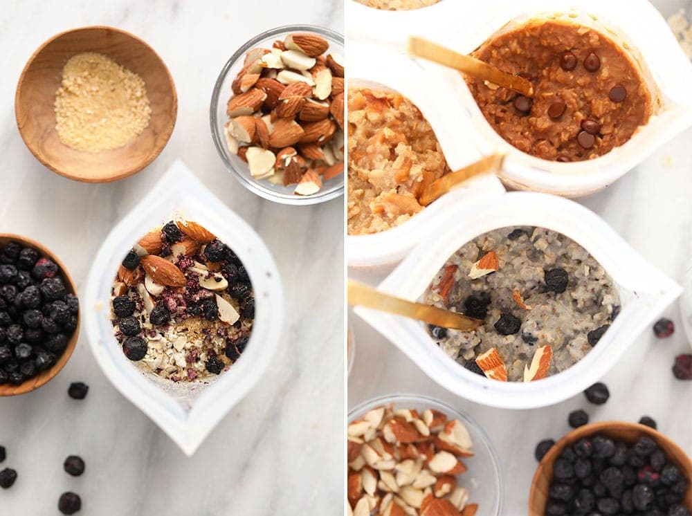 blueberry muffin instant oatmeal in bowls ready to be eaten