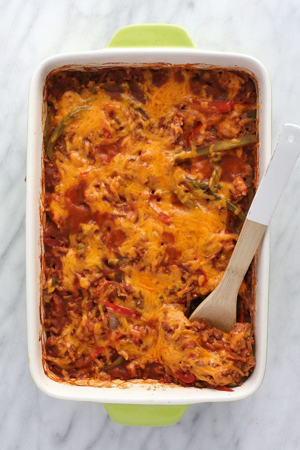 chicken burrito bowl casserole in a casserole dish ready to be served