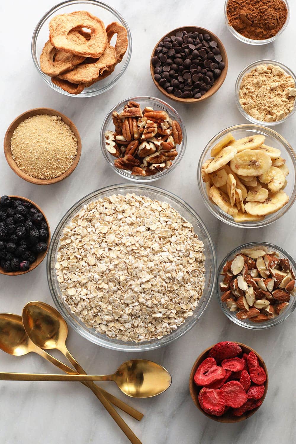 instant oatmeal and ingredient toppings ready to be mixed into delicious oatmeal