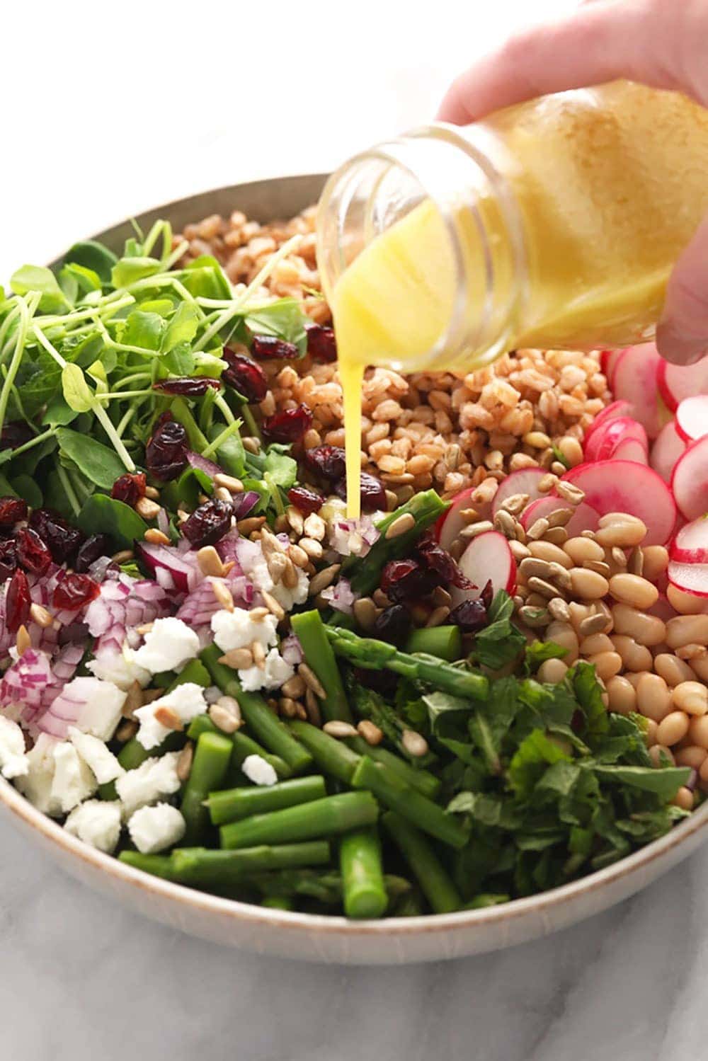 homemade lemon vinaigrette dressing being poured over a salad