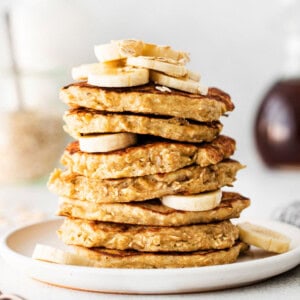 stack of banana oatmeal pancakes