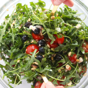 arugula salad in bowl.