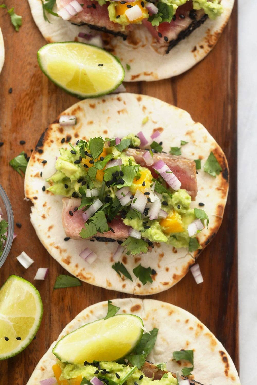 ahi tuna tacos on cutting board