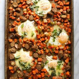 sweet potato hash on baking sheet.