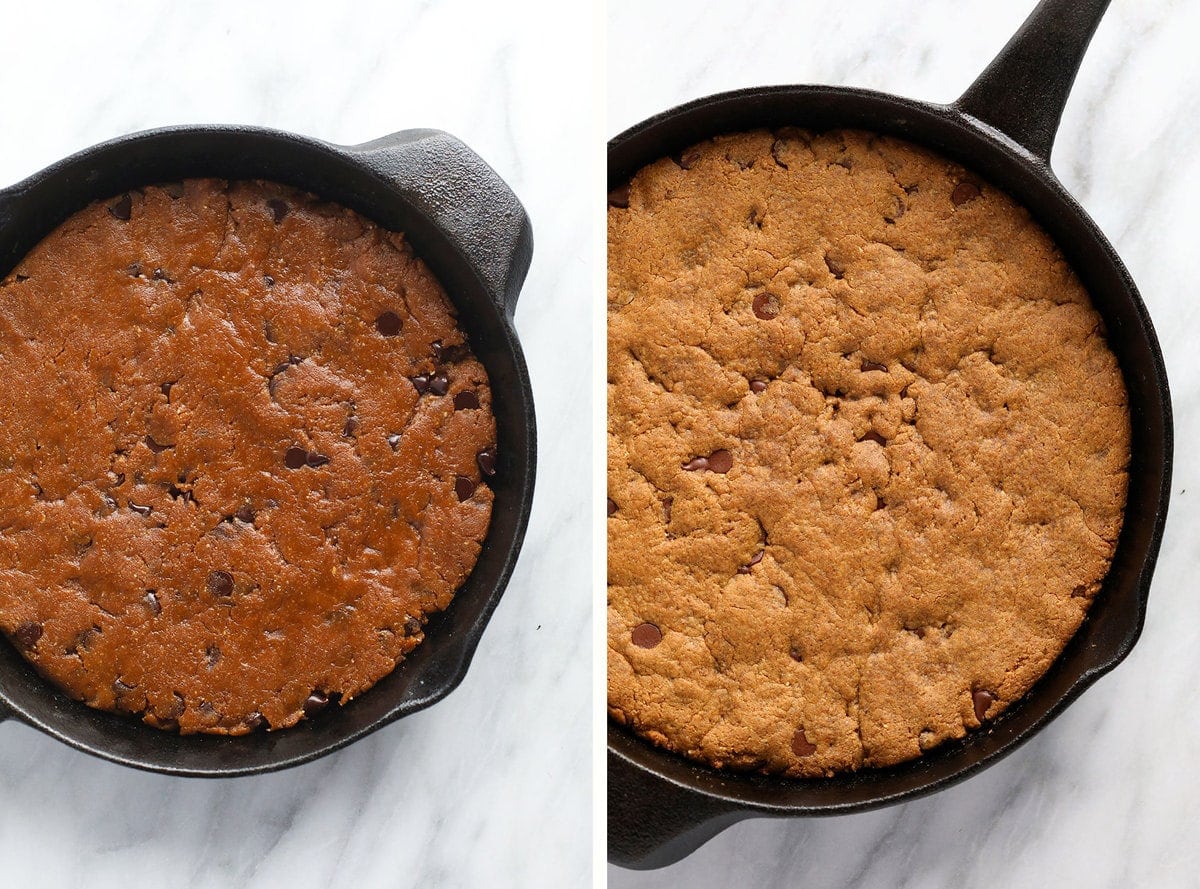 before and after baking skillet cookie in cast iron pan