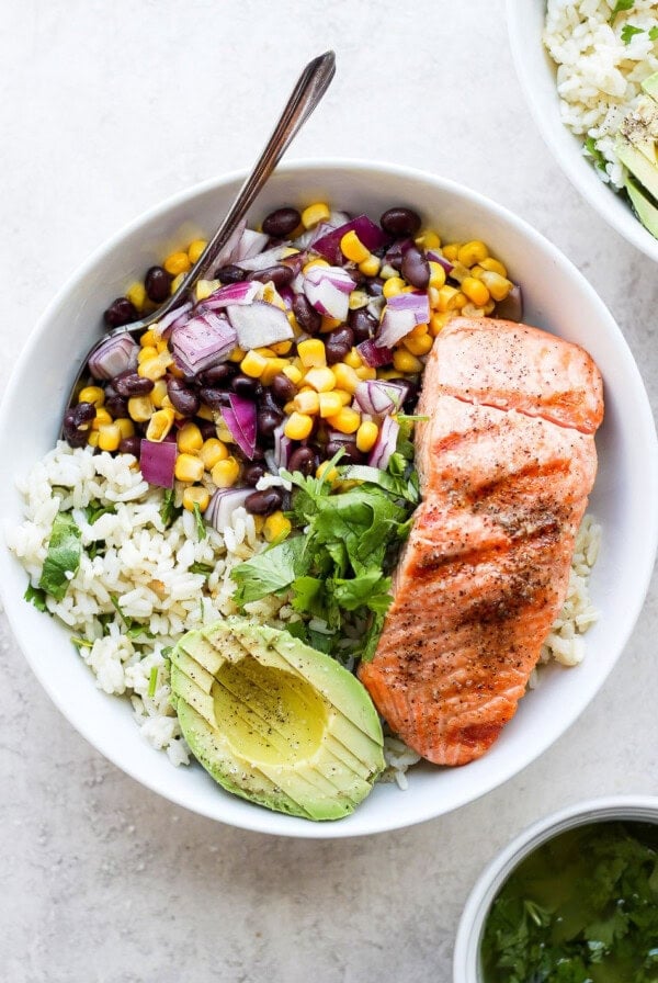 fiesta salmon rice bowl ready to be enjoyed