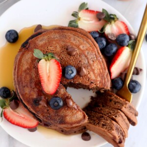 chocolate chocolate chip pancakes on a plate