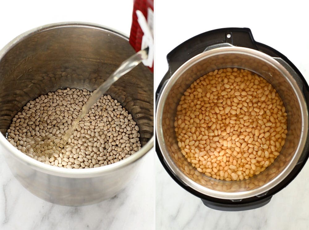 Before and after photos of dried white beans and then cooked white beans.