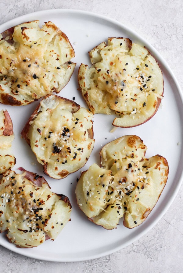 Smashed red potatoes on a plate!