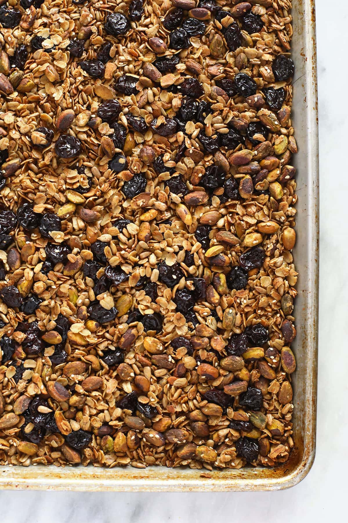 Granola on a baking sheet. 