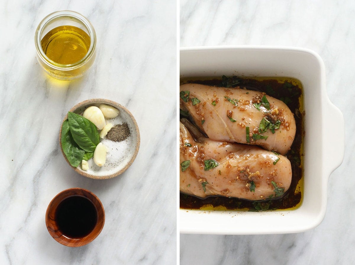 Balsamic chicken marinade ingredients and chicken breasts in dish.