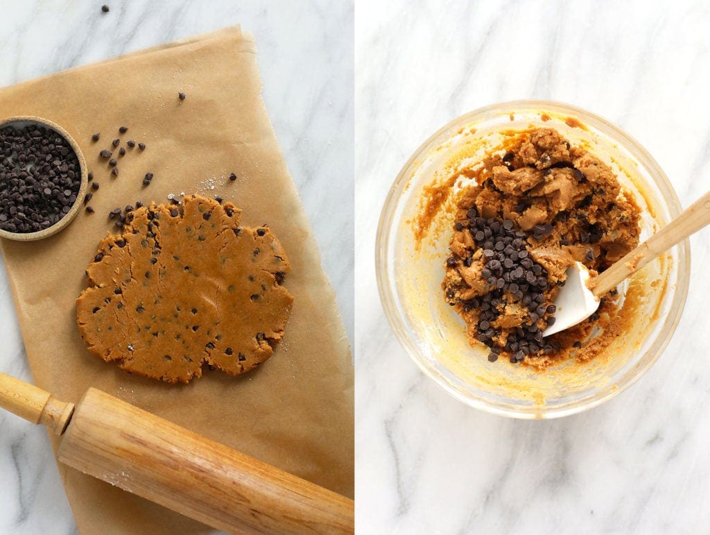 cookie dough in bowl with rolling pin