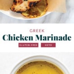 greek chicken marinade on a plate with lemons.