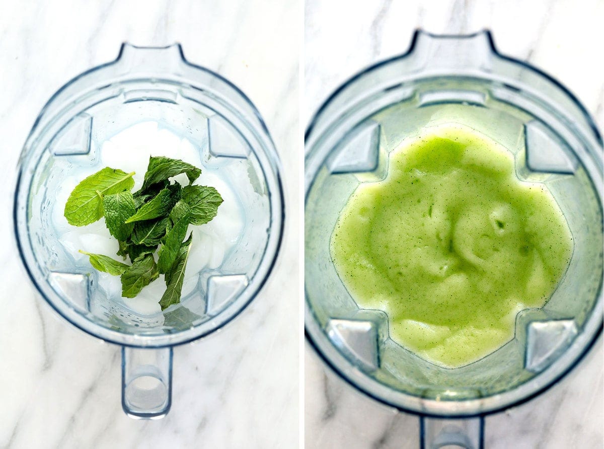 frozen mojito ingredients in blender, before and after being blended