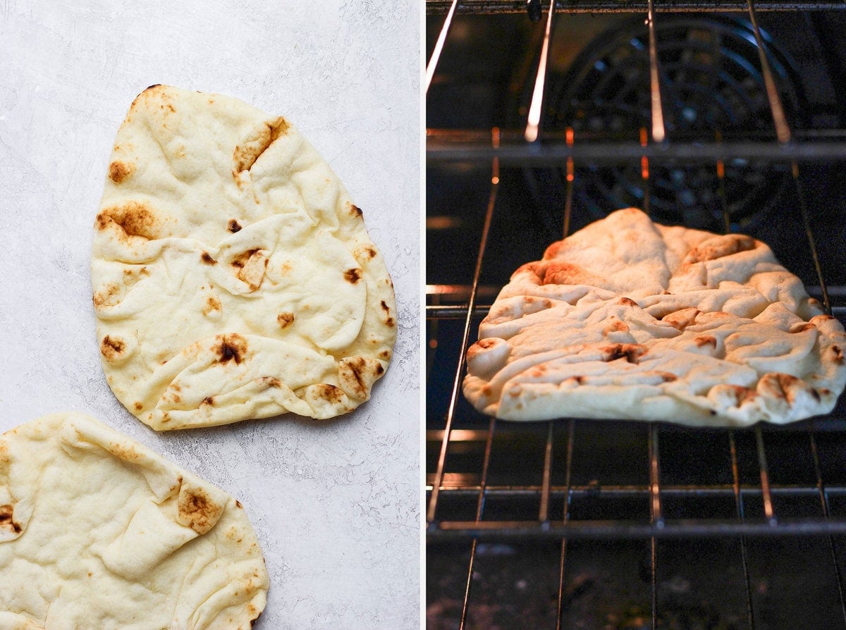 Naan being browned in the oven. 