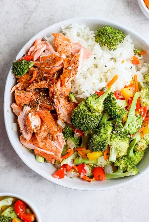 sheet pan salmon stir fry in a bowl ready to be served