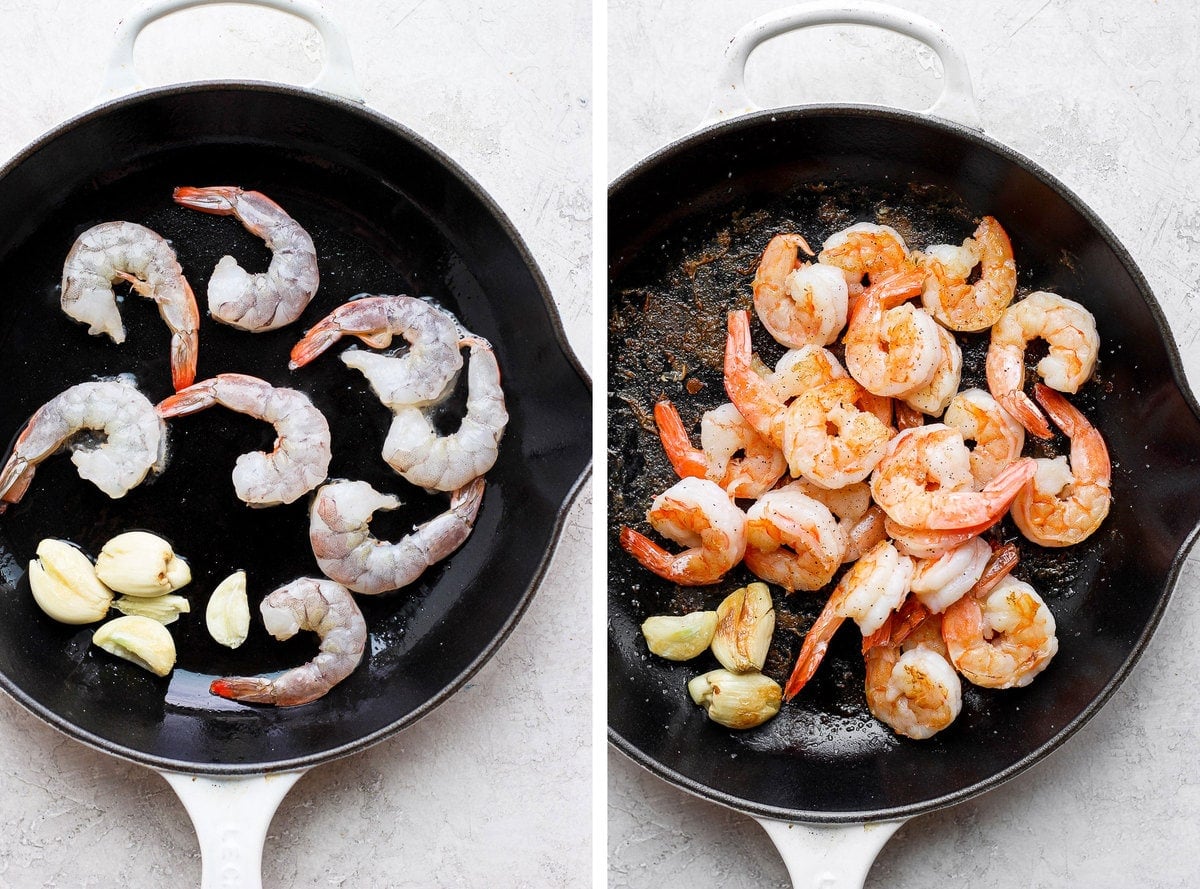 fresh shrimp being sautéed in a cast iron skillet