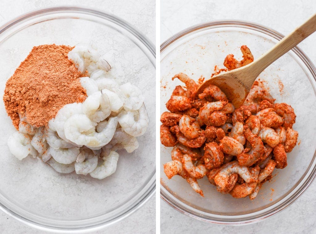 raw shrimp being coated in taco seasoning