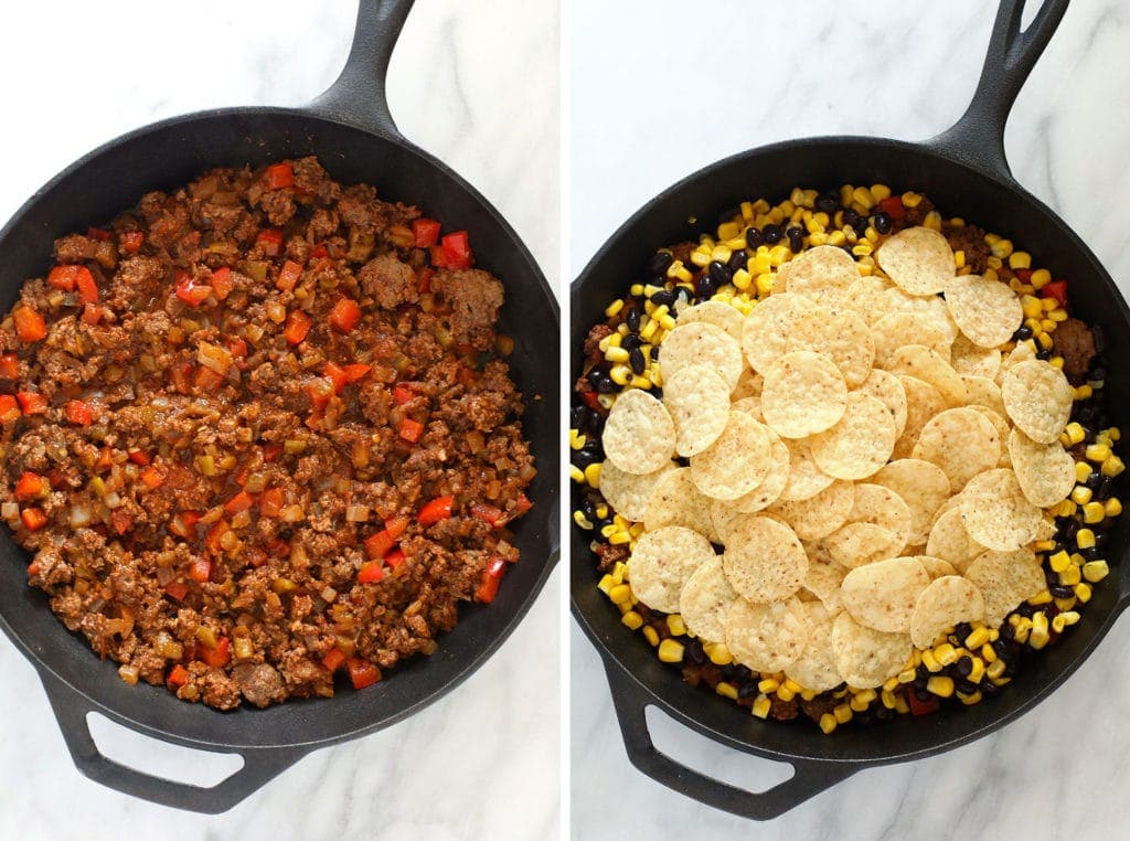 easy taco casserole ingredients in a cast iron skillet ready to be baked