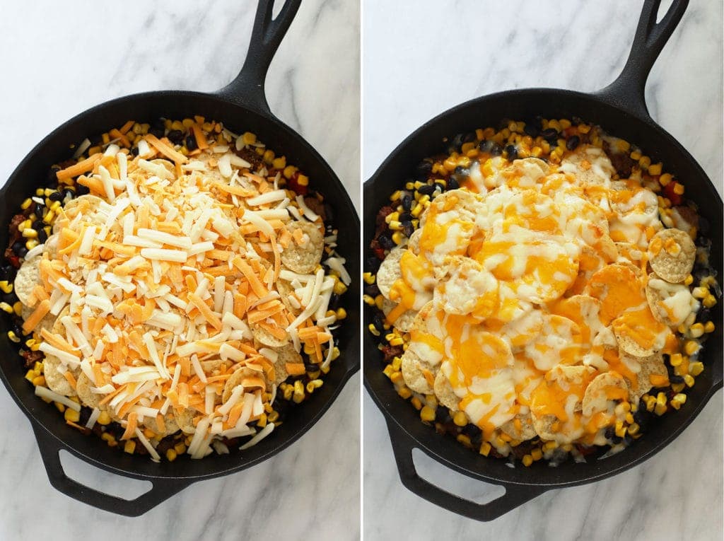 easy taco casserole topped with shredded cheese before and after being baked