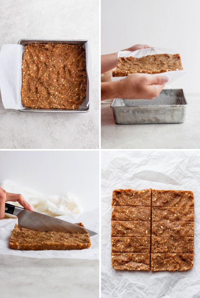 series of photos pressing dough into pan and slicing