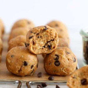 Chocolate chip cookie dough bites on a baking sheet.