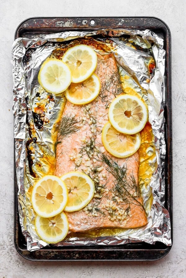 baked salmon on baking sheet