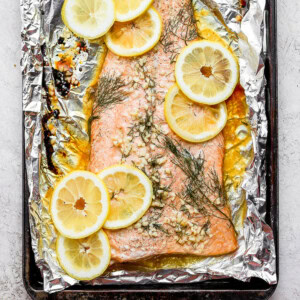 baked salmon in baking sheet