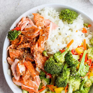 sheet pan salmon stir fry in a bowl