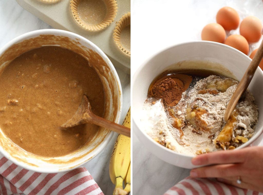 Banana nut muffin ingredients in a bowl. 