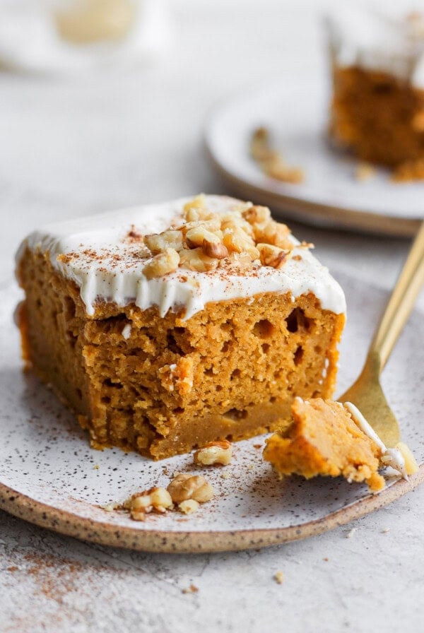 slice of pumpkin sheet cake on a plate