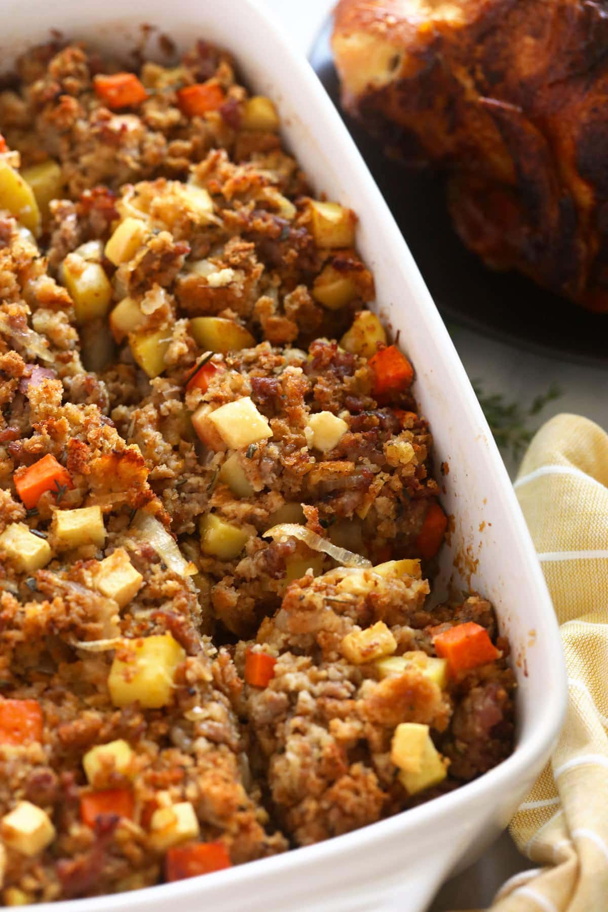 sausage stuffing after being baked in a casserole dish