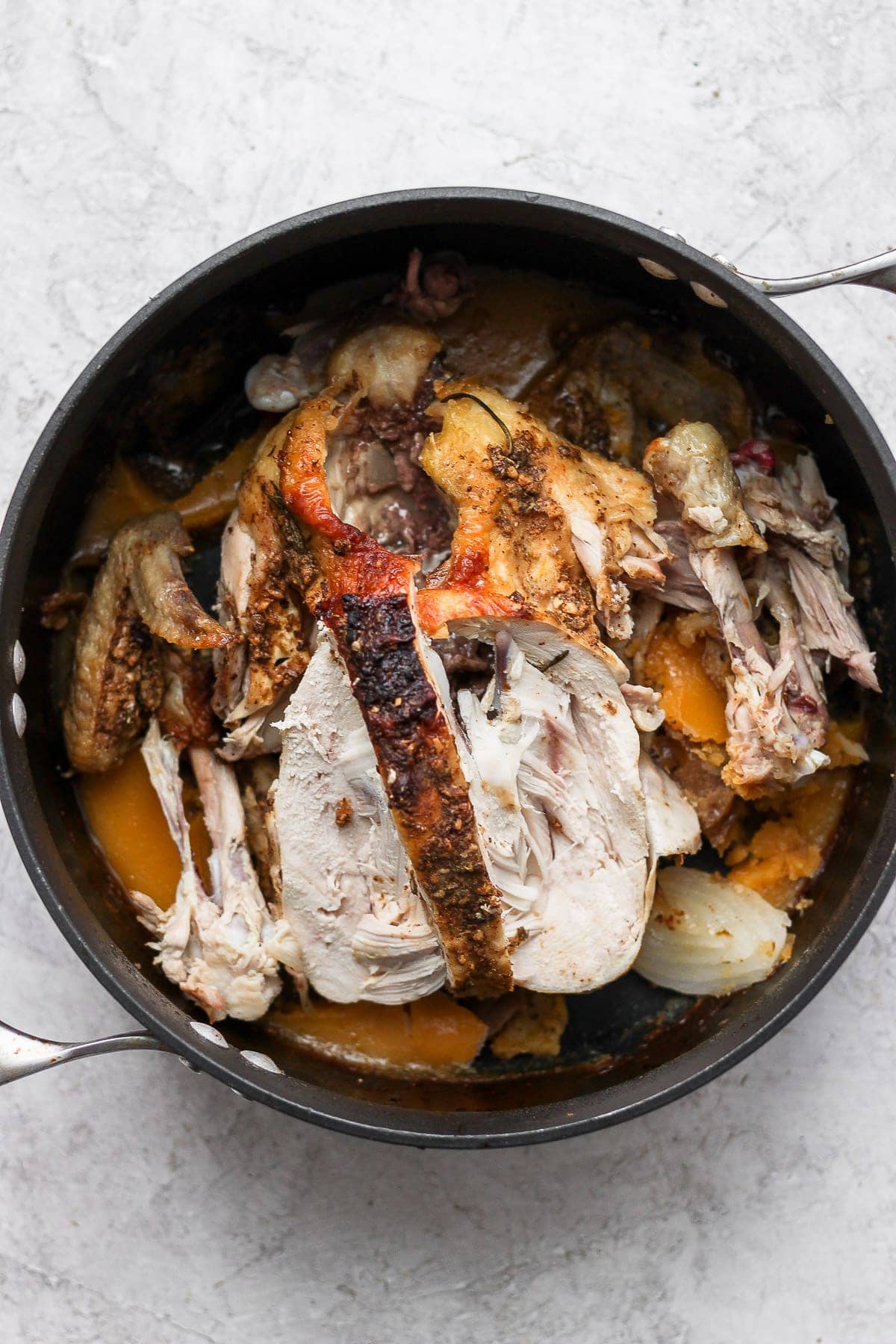 Chicken carcass in a pot. 