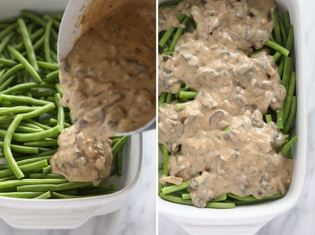 pouring sauce onto green beans