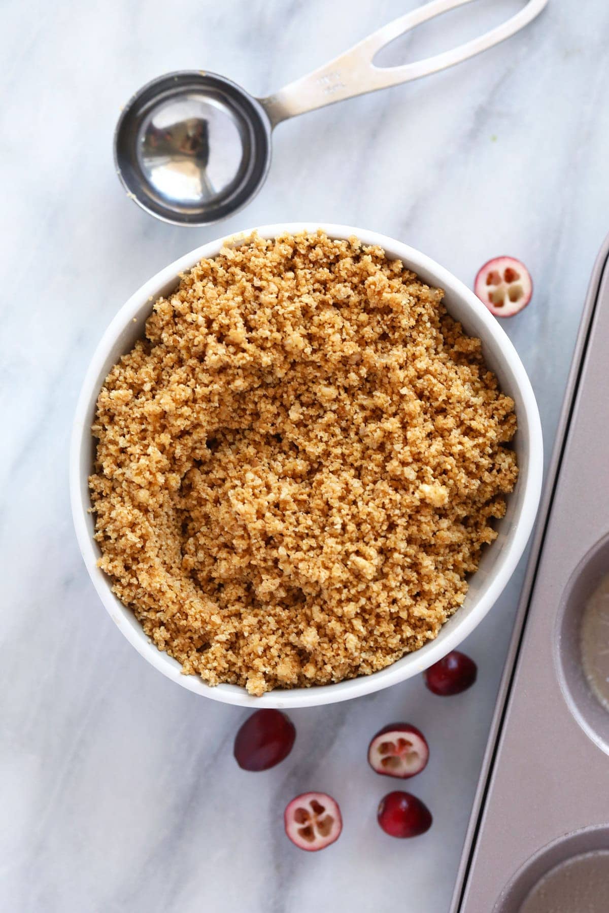 A bowl of graham cracker crumble before it's made into crush. 