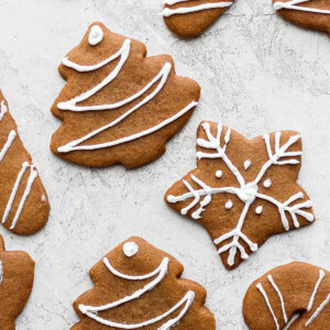 gingerbread cookies decorated with icing and sprinkles.