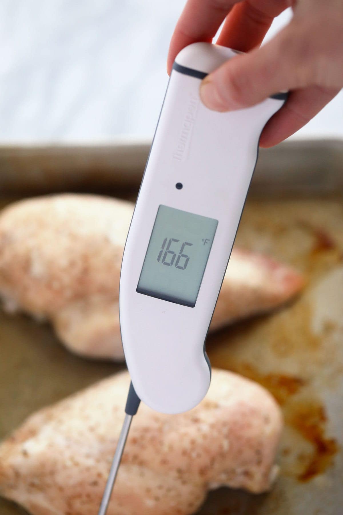 thermometer in a chicken breast to determine internal temperature