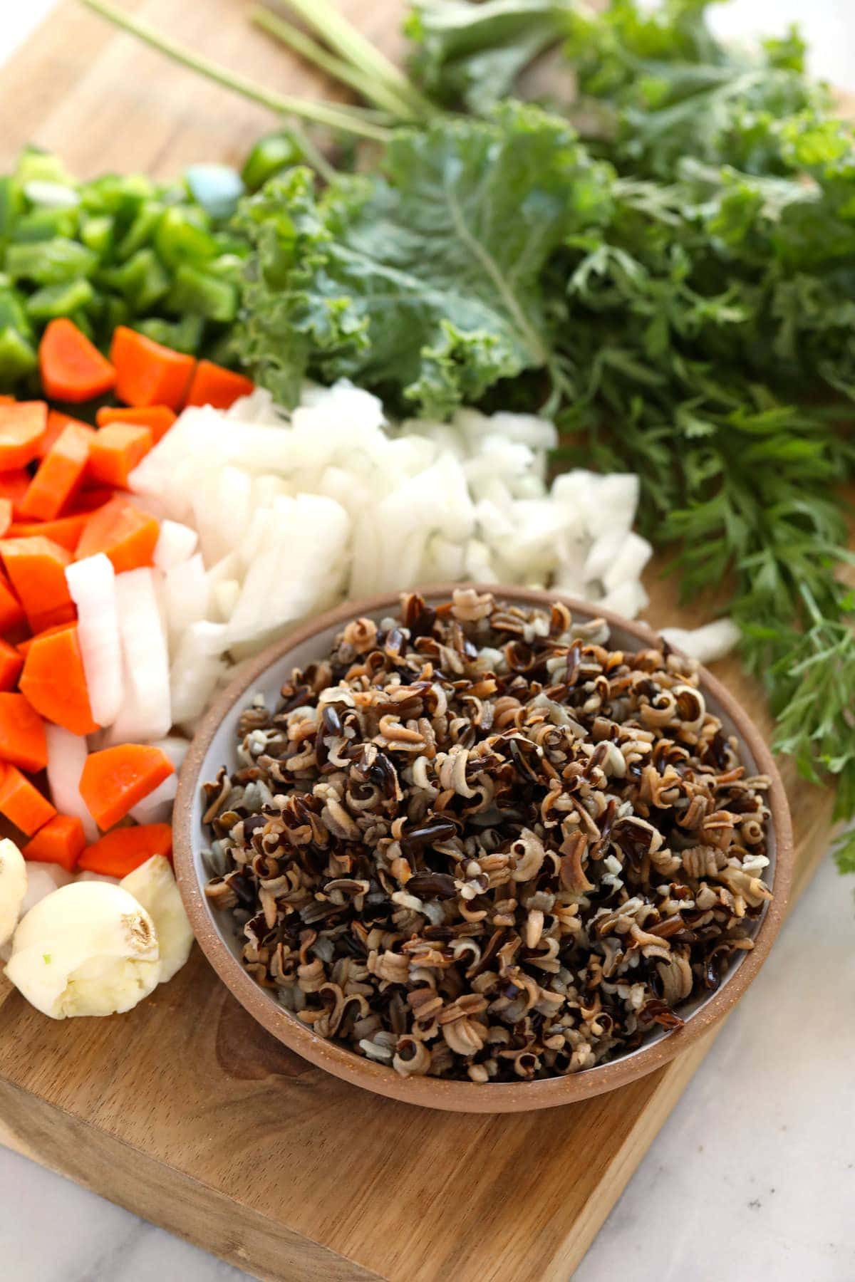 Ingredients for chicken wild rice soup ready to be mixed together.