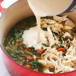 a bowl of chicken wild rice soup being poured.