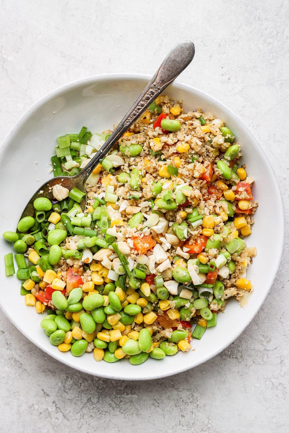 cauliflower fried rice in a bowl